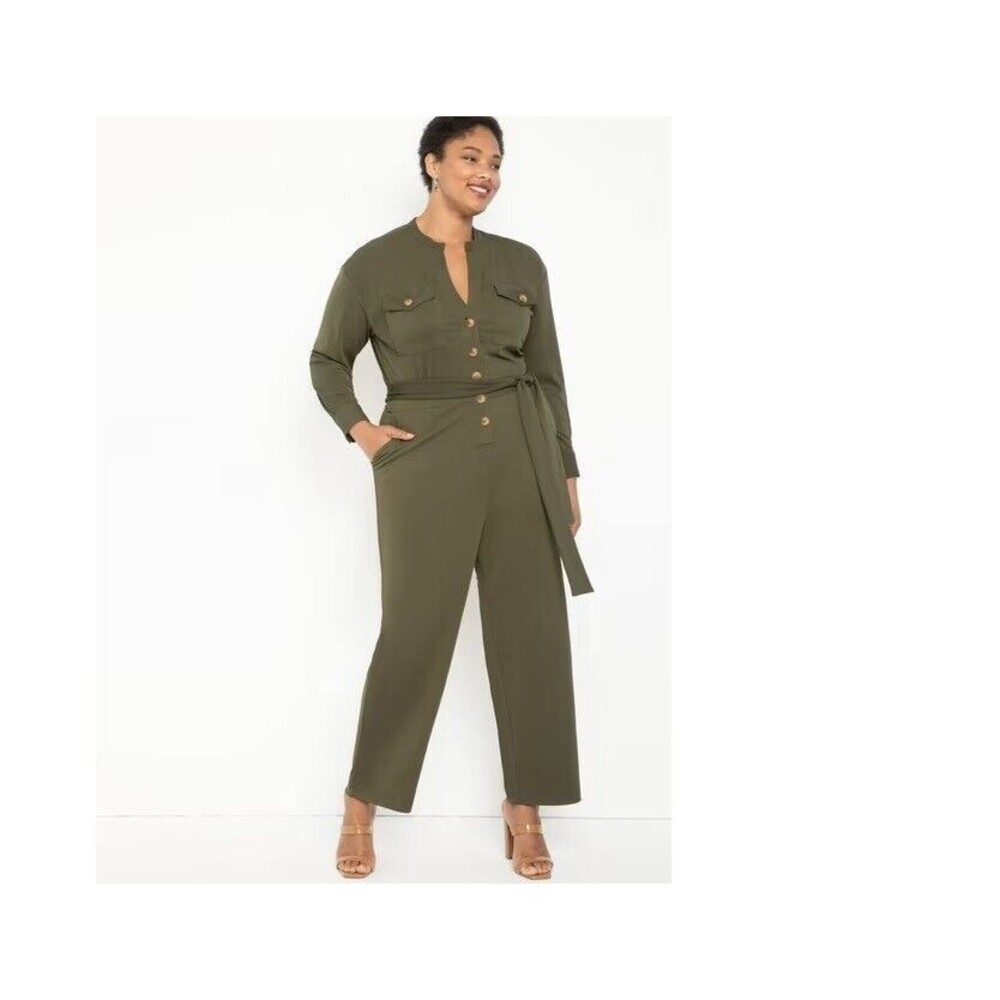 ELOQUII Elements Women's Knit Utility Jumpsuit Olive Green Belted 14